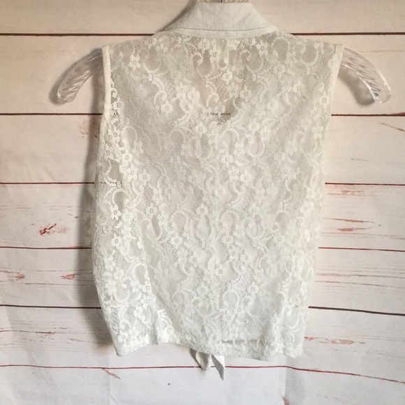 Cream Tie Front Lace Back Sleeveless Button Down - Picture 2 of 3